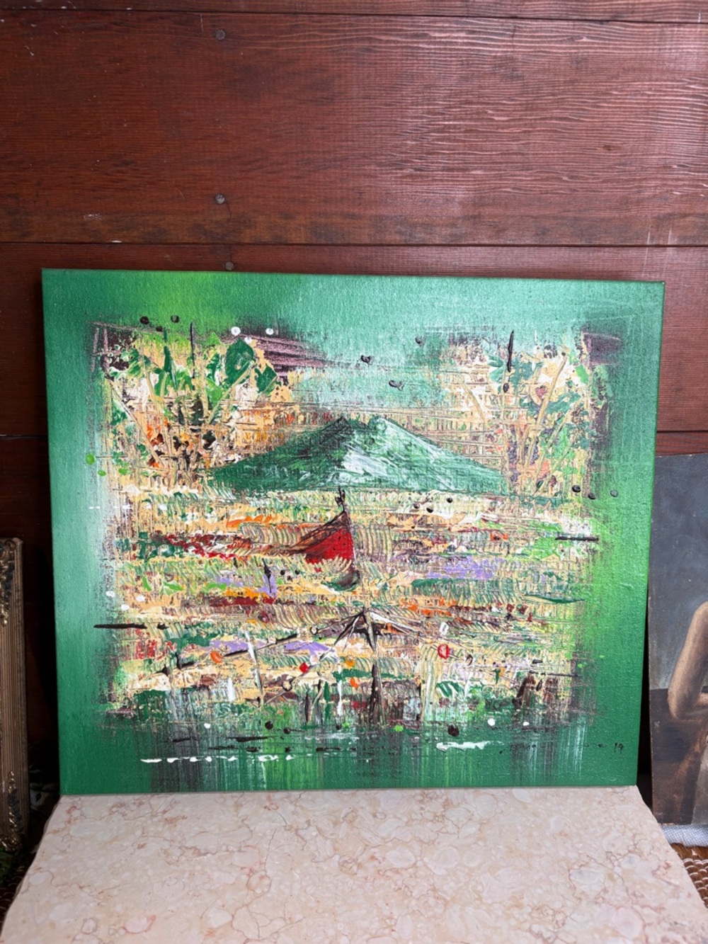 Artist Signed Textured Painting on Canvas Multicolored Flag Mountain Scene